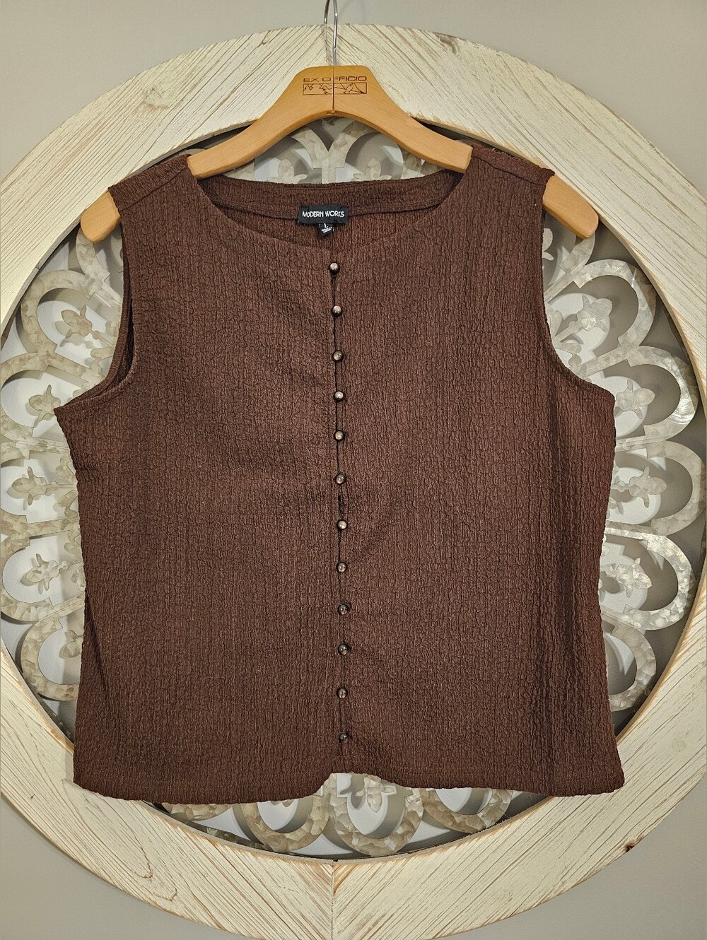 Modern Works Sleeveless Brown Button-Front Textured Top